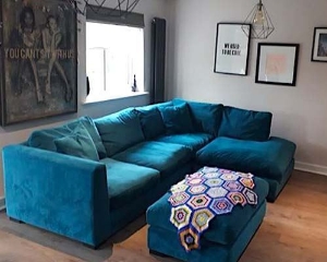 Wadenhoe Corner Unit and Footstool in Portland Brilliant Velvet Pacific