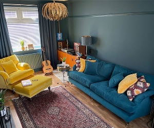 Alwinton 4 Seater Split Sofa in Cameron Velvet Mallard & Chair & Stool in Omega Velvet Canary