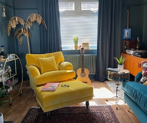 Alwinton Chair & Footstool in Linwood Omega Velvet Canary