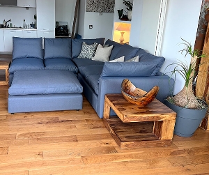 Big Softie Corner Group and Footstool in Dundee Herringbone Denim