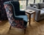 Whitewell Buttoned Chair in Omega Printed Velvet Twilight and Romo Linara Tapestry