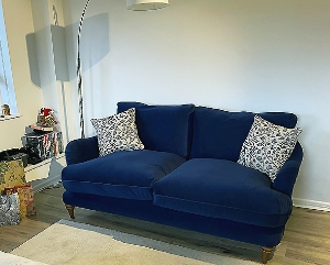 Pugin 3 Seater Sofa in House Clever Velvet Royal Scatters in RHS Gertrude Jekyll Trailing Vine Navy